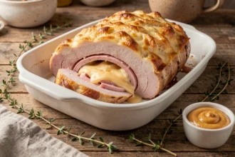 Filet mignon de porc façon orloff gratiné au gruyère dans un plat en céramique blanche sur table en bois rustique