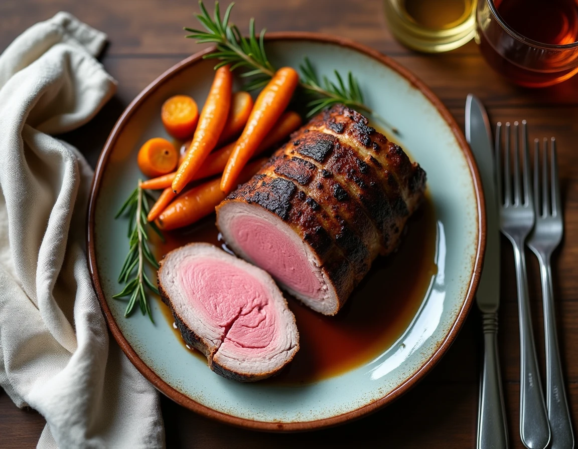 Filet mignon tranché cuit à basse température avec intérieur rosé uniforme servi sur assiette rustique avec légumes rôtis
