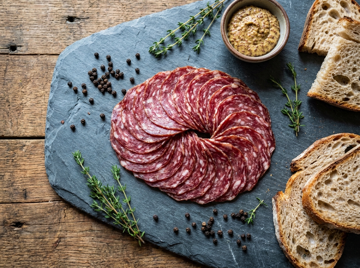 Vue de dessus de tranches de saucisson disposées en éventail sur une ardoise avec moutarde, thym et pain au levain pour un pique-nique