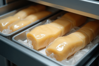 Foie gras cru emballé dans du film plastique dans un congélateur