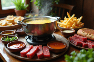 Setup de fondue bourguignonne avec viande et sauces
