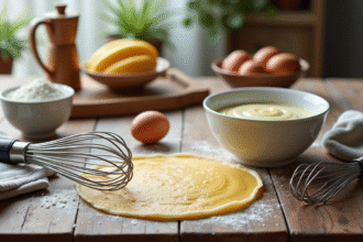 Fouets en métal et silicone sur une table en bois avec pâte à crêpe et œufs