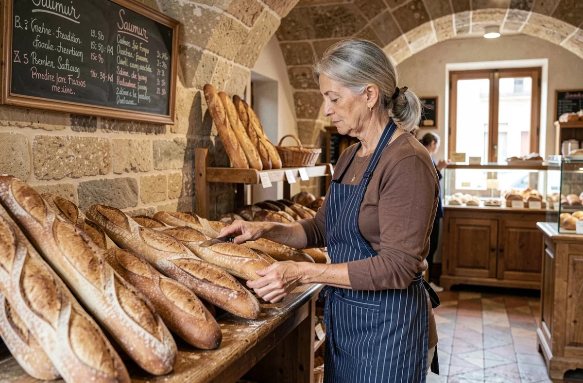 Employée du Fournil Saint-Pierre à Saumur disposant des baguettes de tradition fraîchement cuites sur un présentoir en bois dans une boutique aux murs en pierre
