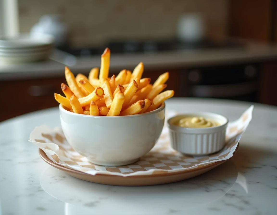 Frites dorées croustillantes servies avec un ramequin de mayonnaise maison pour tremper, sur table de bistrot en marbre