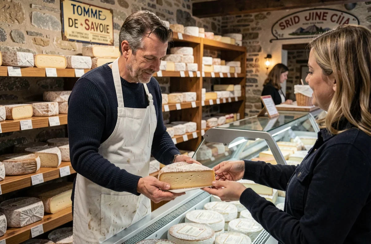 Fromager artisan présentant une tomme de Savoie à un client dans une fromagerie traditionnelle d'Annecy