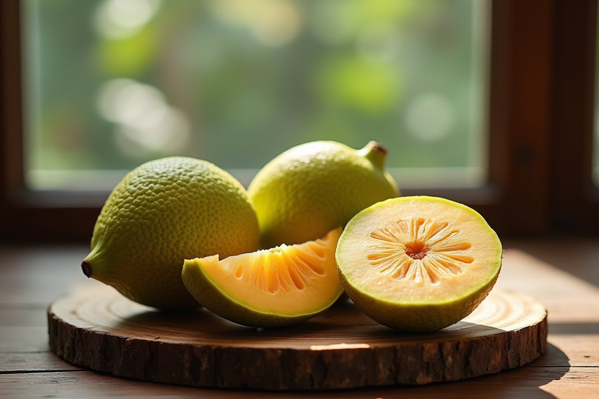 Fruit de soursop entier et en tranche sur planche en bois