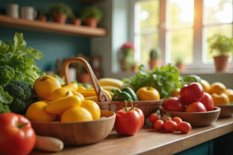 Cuisine avec fruits et légumes U en bols en bois