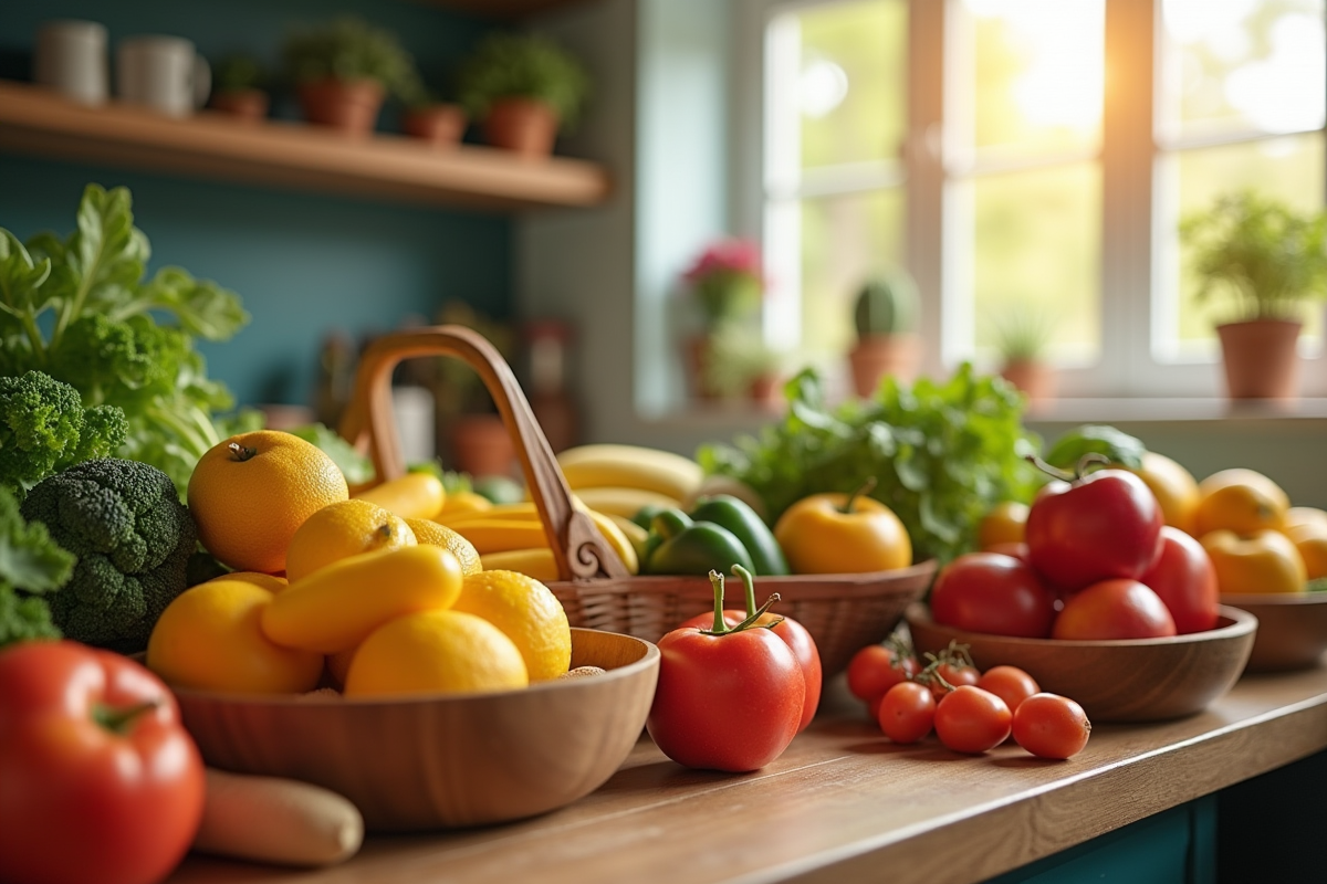 Cuisine avec fruits et légumes U en bols en bois