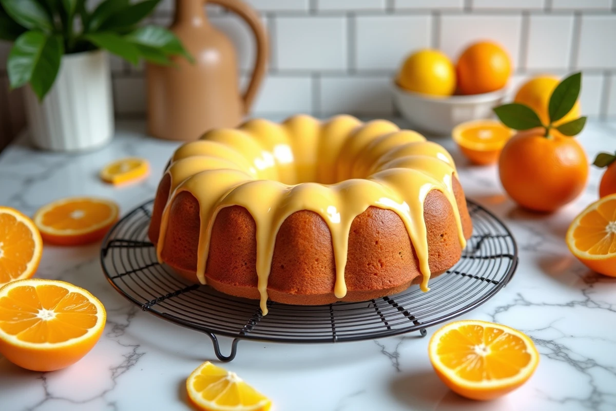 Gâteau bundt aux agrumes et œufs avec glaçage à l'orange sur une grille de refroidissement entourée d'oranges et citrons frais sur marbre blanc