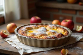 Gâteau aux pommes et aux œufs dans un plat en céramique vintage posé sur une table en bois rustique avec des pommes entières et des coquilles d'œufs