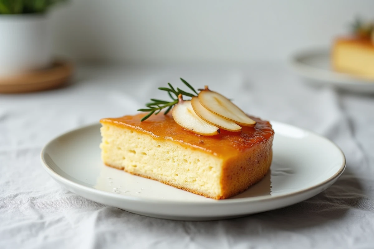 Tranche de gâteau renversé aux poires et œufs avec des lamelles de poires caramélisées sur une assiette en céramique blanche et une nappe en lin gris