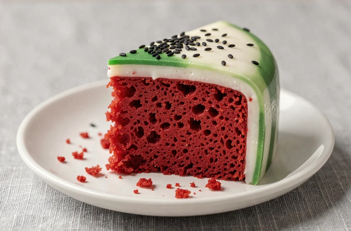 Gros plan macro d'une part de gâteau trompe l'oeil imitant une tranche de pastèque avec intérieur en velours rouge et graines en sésame comestible sur assiette blanche