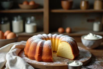 Gâteau au yaourt moelleux fait maison coupé en tranches sur une table en bois rustique avec des ingrédients naturels autour