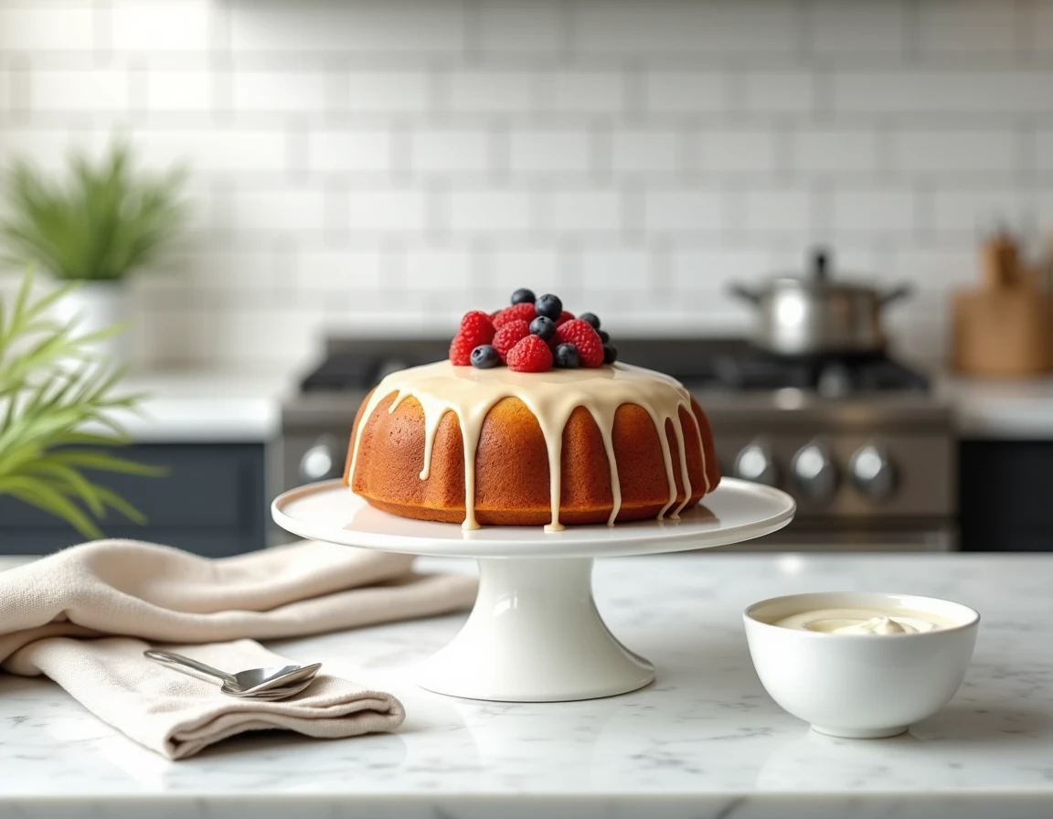 Gâteau au yaourt maison sur un présentoir en céramique blanche avec glaçage et fruits rouges dans une cuisine moderne