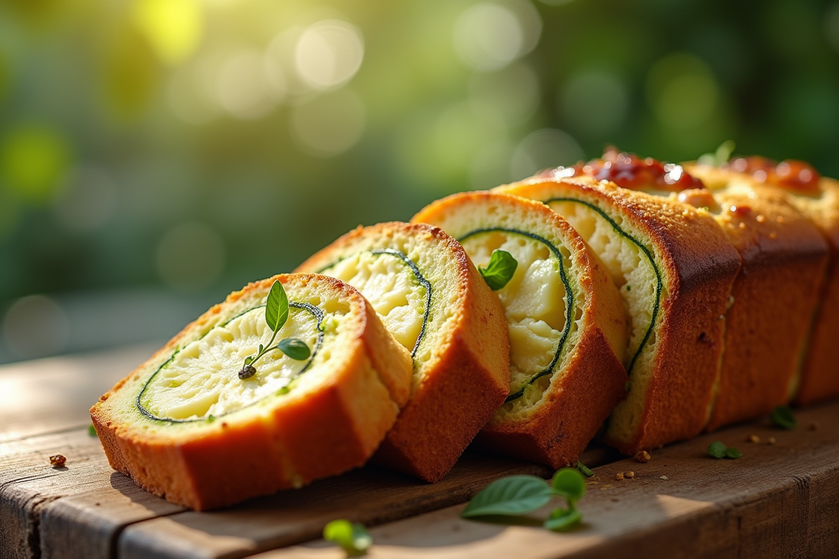 Gâteau de zucchini et feta tranché sur table ensoleillée