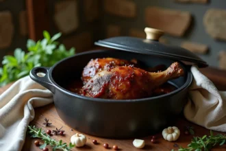 Gigot de chevreuil en cocotte fonte sur table en bois rustique avec thym et ail, recette traditionnelle grand-mère
