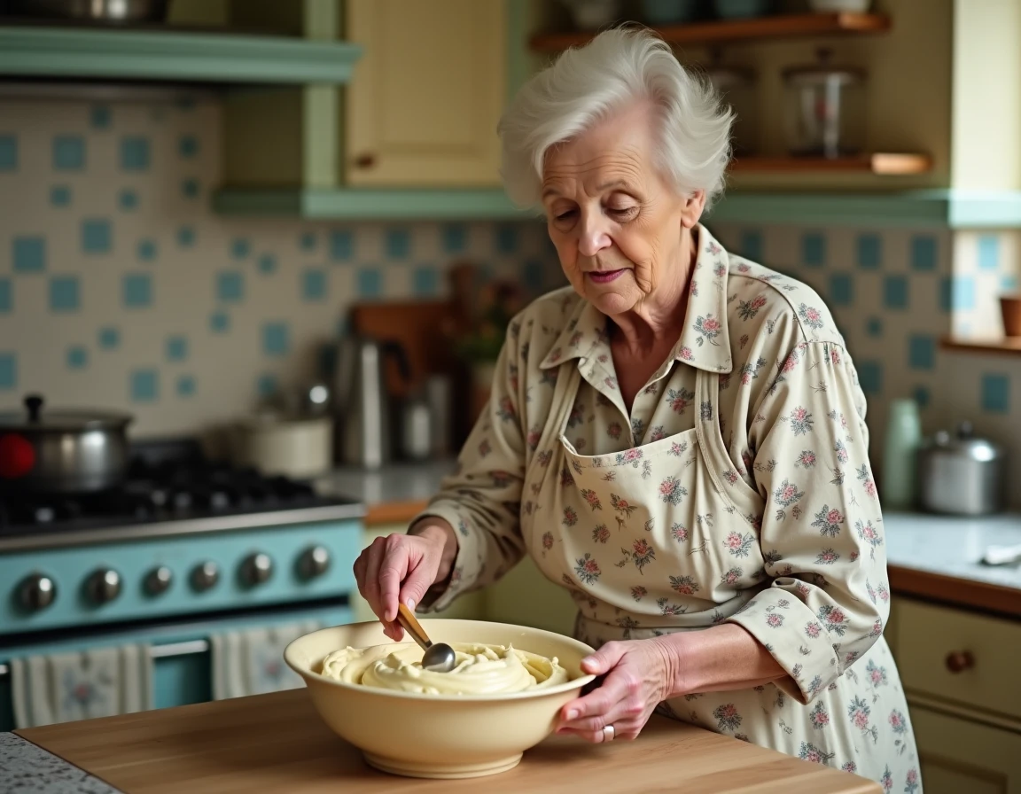 Grand-mère préparant la pâte du gâteau au yaourt dans un bol en céramique dans une cuisine vintage traditionnelle