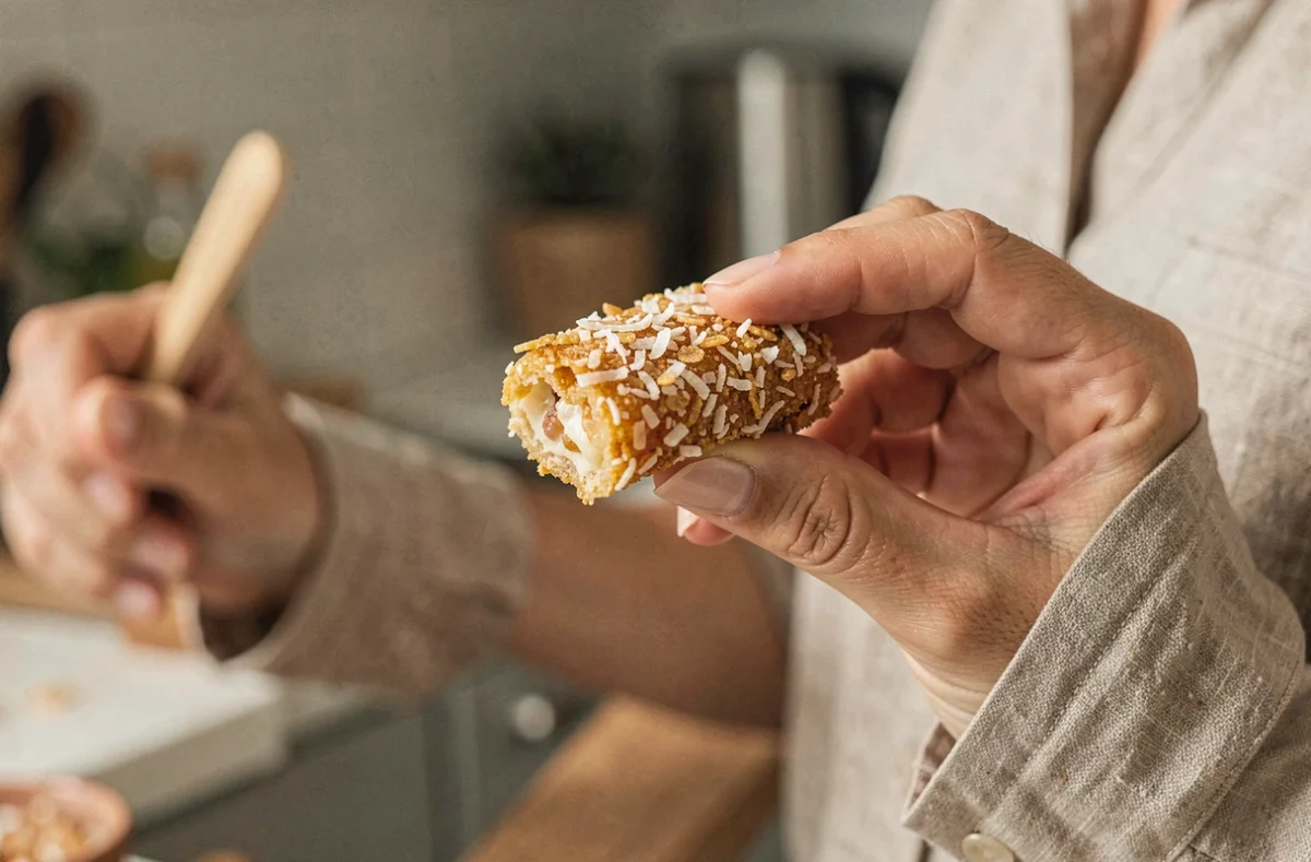Gros plan d'une bouchée croustillante aux vers de coco tenue à la main, croûte de noix de coco dorée apparente, ambiance cuisine maison