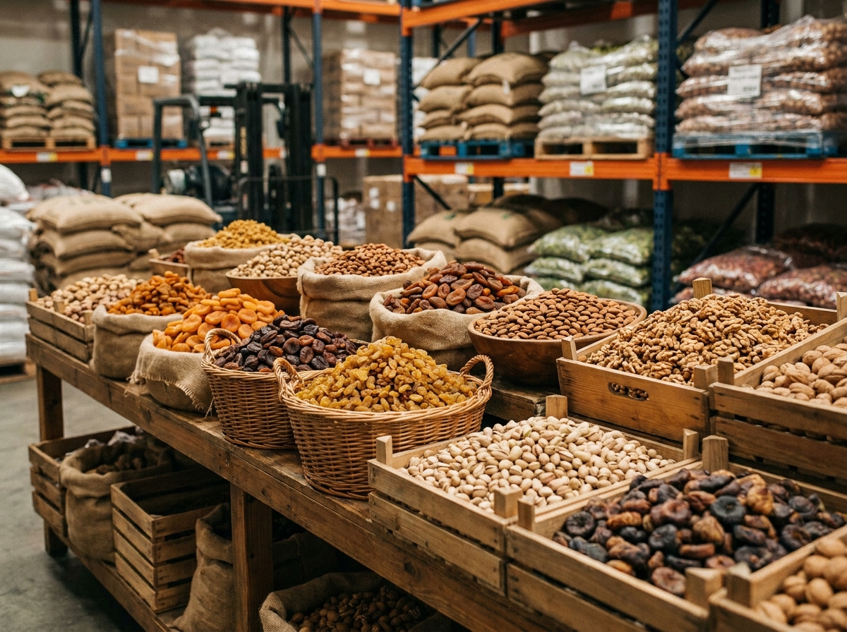 Table de grossiste en fruits secs avec des amandes, abricots séchés, raisins et figues dans des paniers en osier au sein d'un entrepôt professionnel