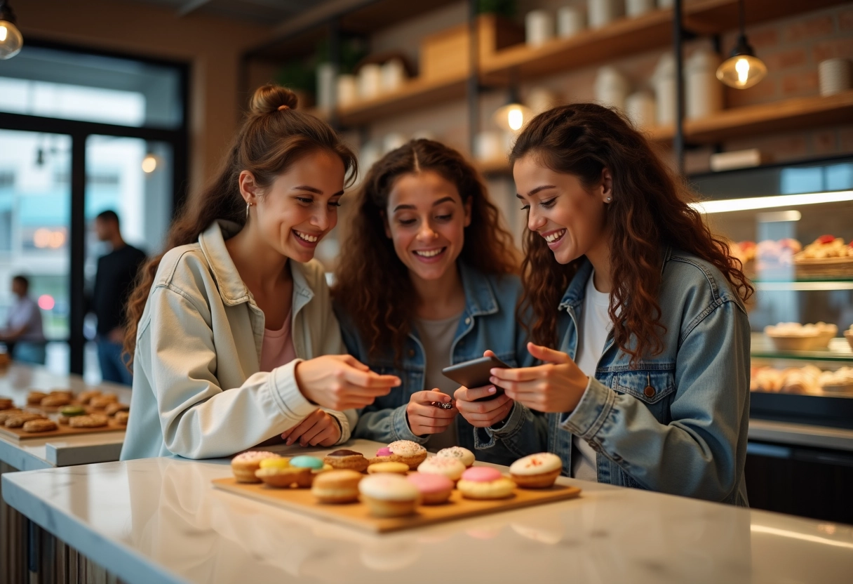 Groupe d amis autour d un comptoir de bakery dans un café animé