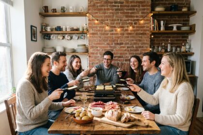 Groupe d'amis en raclette dans un appartement chaleureux