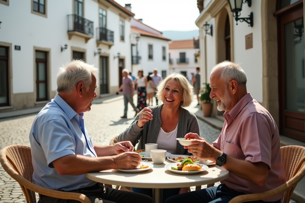 Groupe de portugais partageant un repas dans un café en plein air