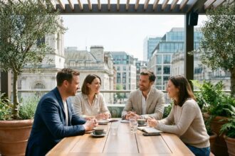 Groupe de professionnels discutant en terrasse ensoleillée