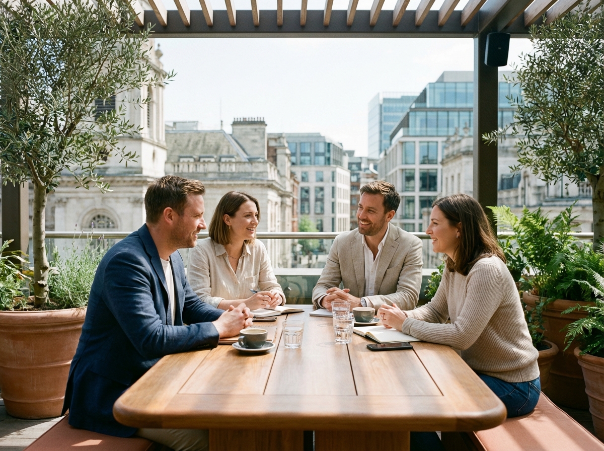 Groupe de professionnels discutant en terrasse ensoleillée