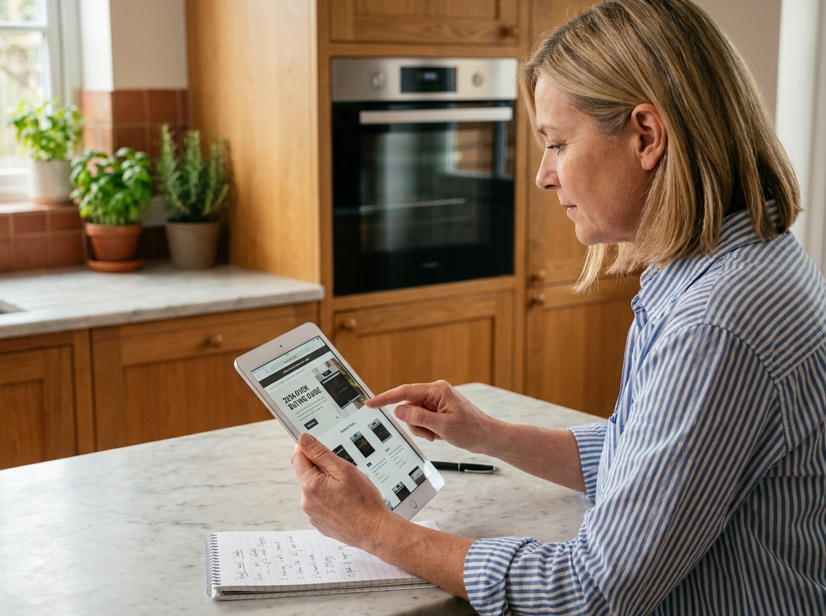 Femme consultant un guide d'achat de four encastrable sur tablette dans une cuisine chaleureuse avec carnet de notes
