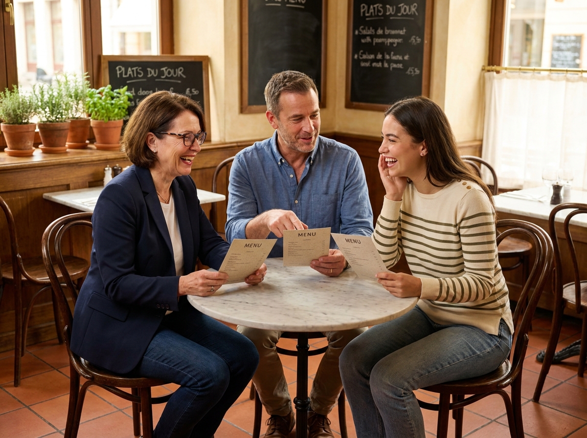 Habitués d'un restaurant découvrant avec plaisir la nouvelle carte de boissons autour d'une table en brasserie
