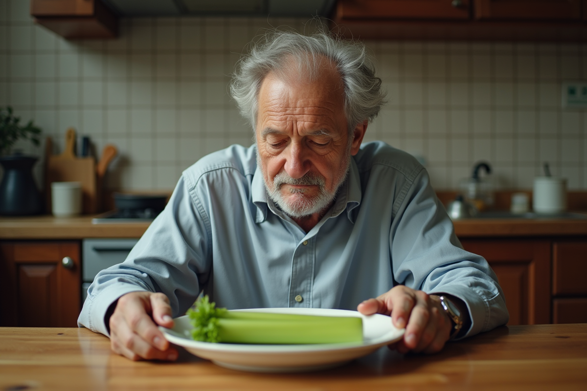 Homme âgé inspectant un céleri dans la cuisine