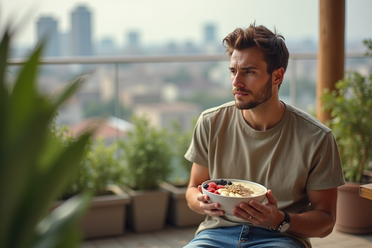 Homme tenant un bol de smoothie banane en terrasse
