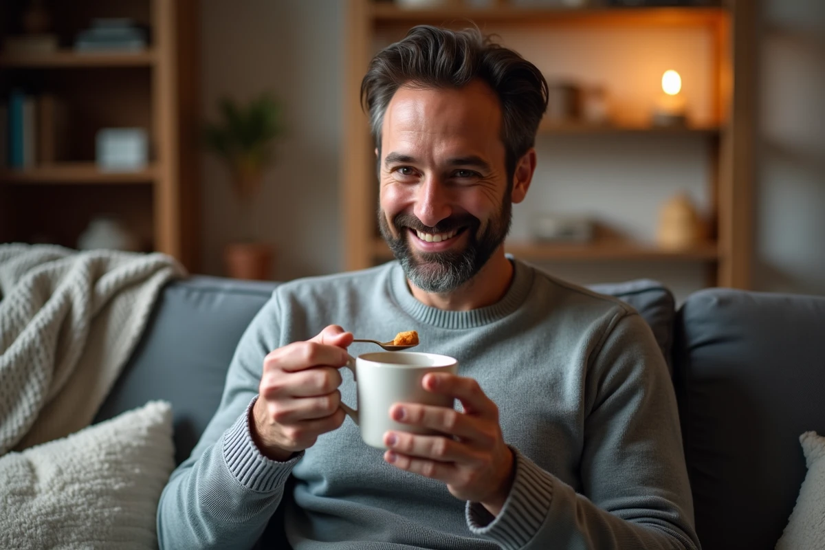 Homme dégustant un mugcake sans œuf maison dans son salon avec une cuillère, expression de satisfaction