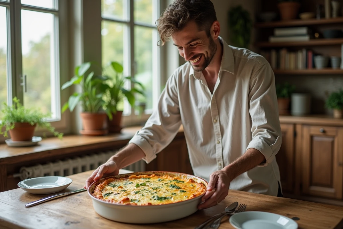 Jeune homme souriant devant un gratin de courgettes sur la table