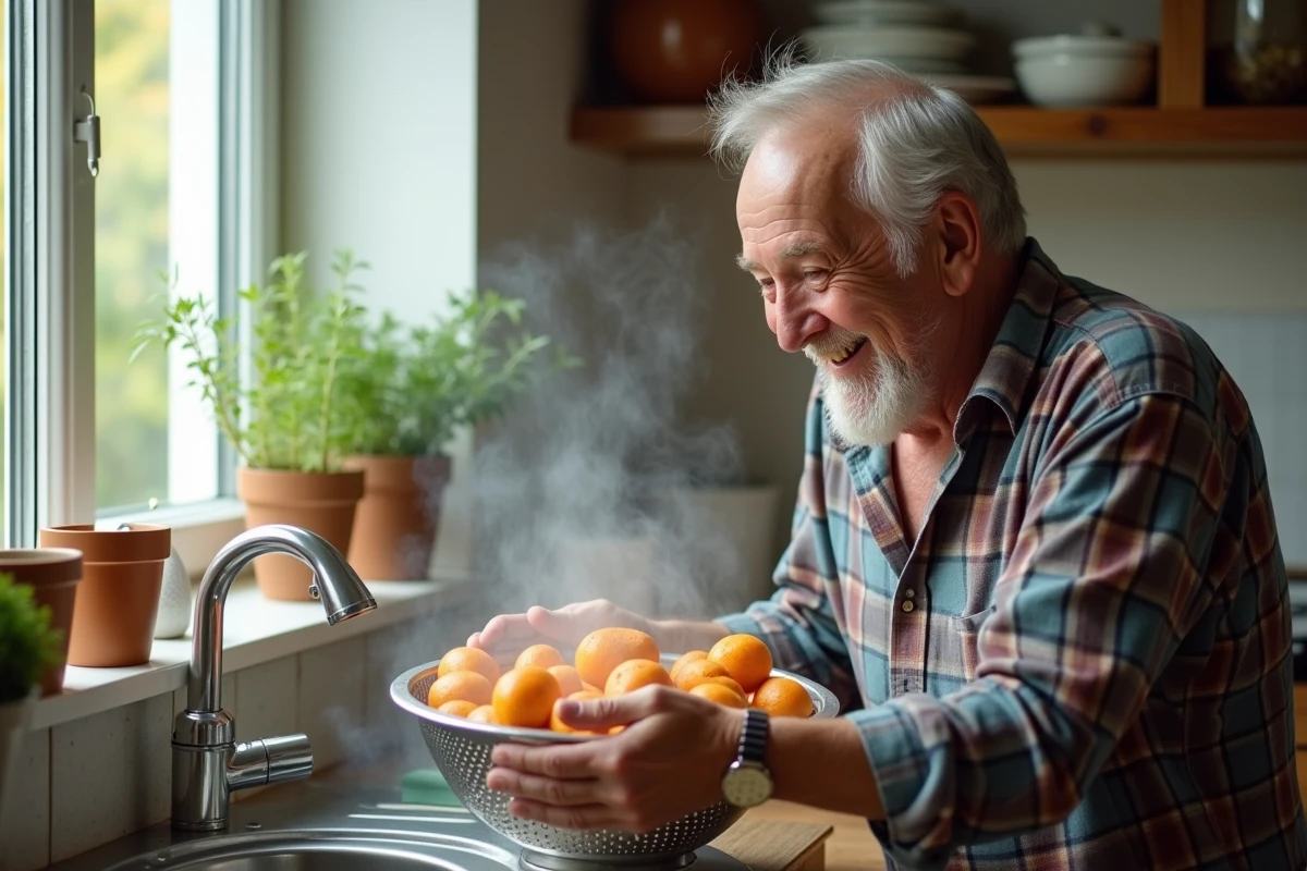 Homme âgé drainant des patates douces dans une cuisine