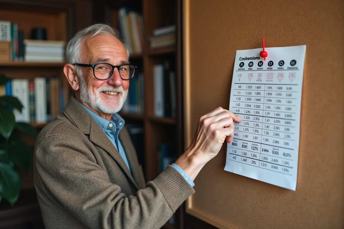 Homme âgé accroche un tableau de conversion au mur