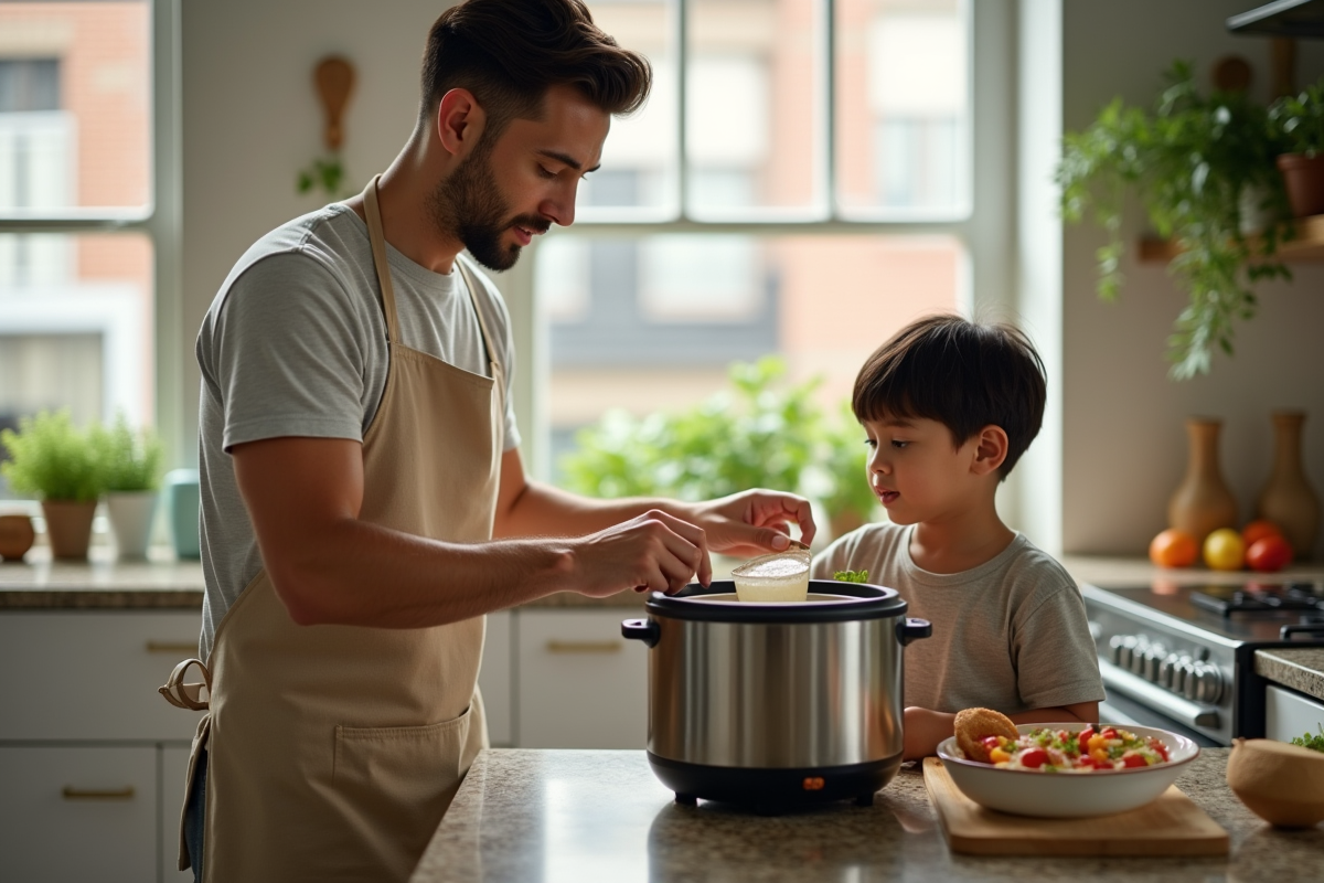 Homme expliquant le remplissage du cuiseur à riz à un enfant dans la cuisine