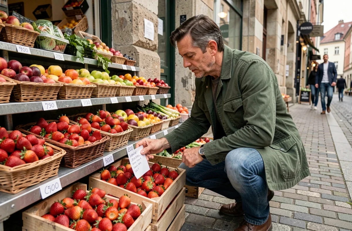 Homme consultant une liste de courses devant une épicerie de quartier avec des fruits frais exposés à l'entrée sur des étagères métalliques