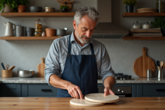 Homme avec tablier regardant deux pierres à pizza