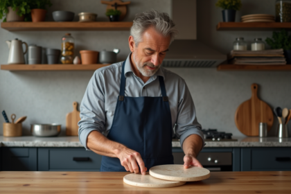 Homme avec tablier regardant deux pierres à pizza