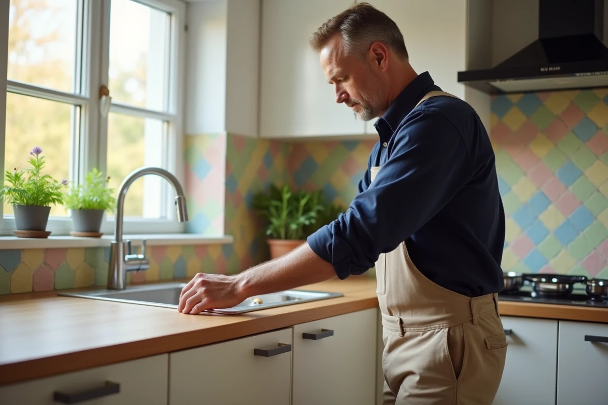 Homme posant des poignées modernes sur des placards de cuisine