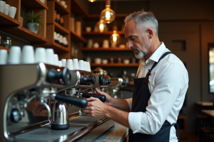 Homme italien inspectant une machine à espresso traditionnelle