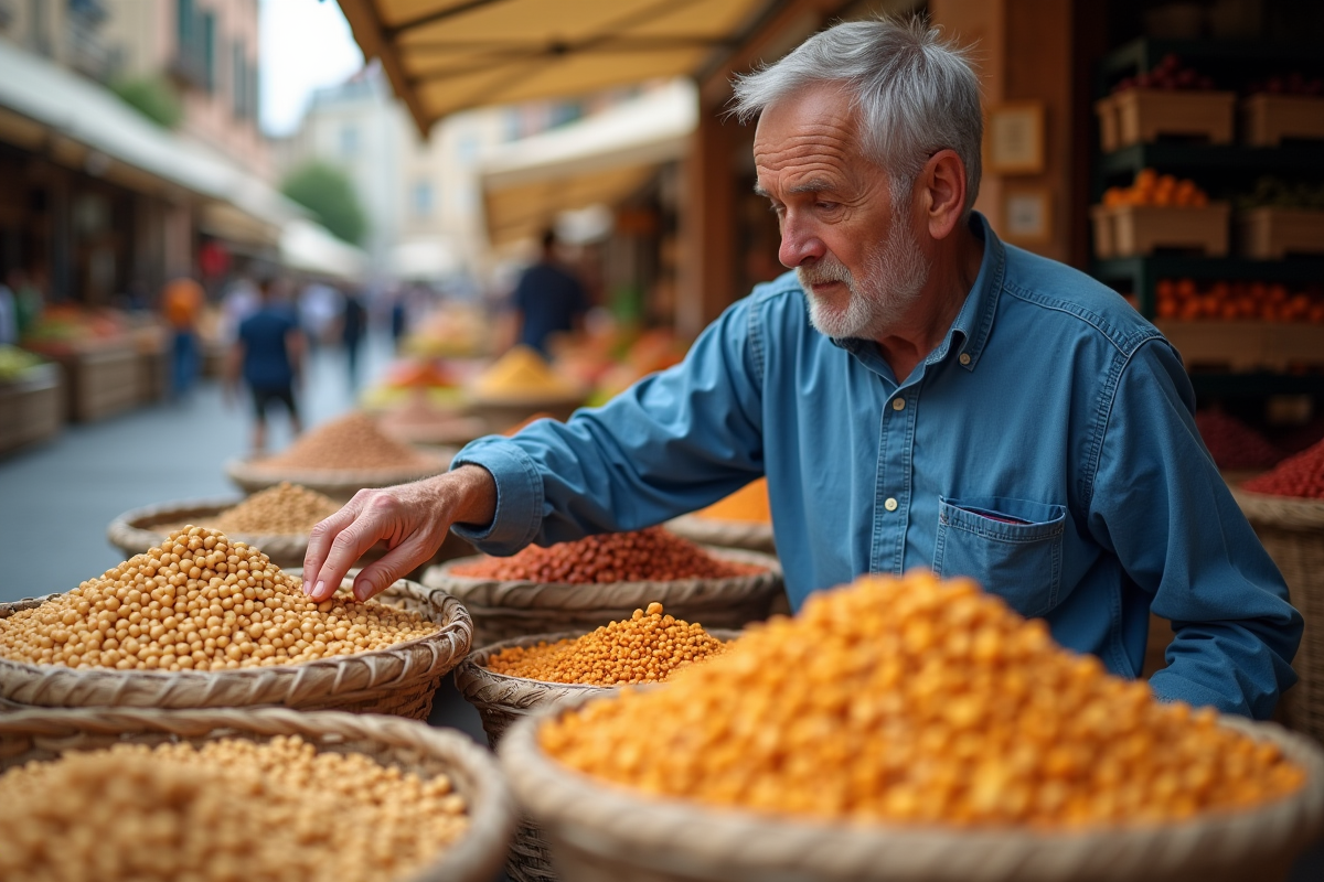 Homme âgé choisissant legumes au marché local