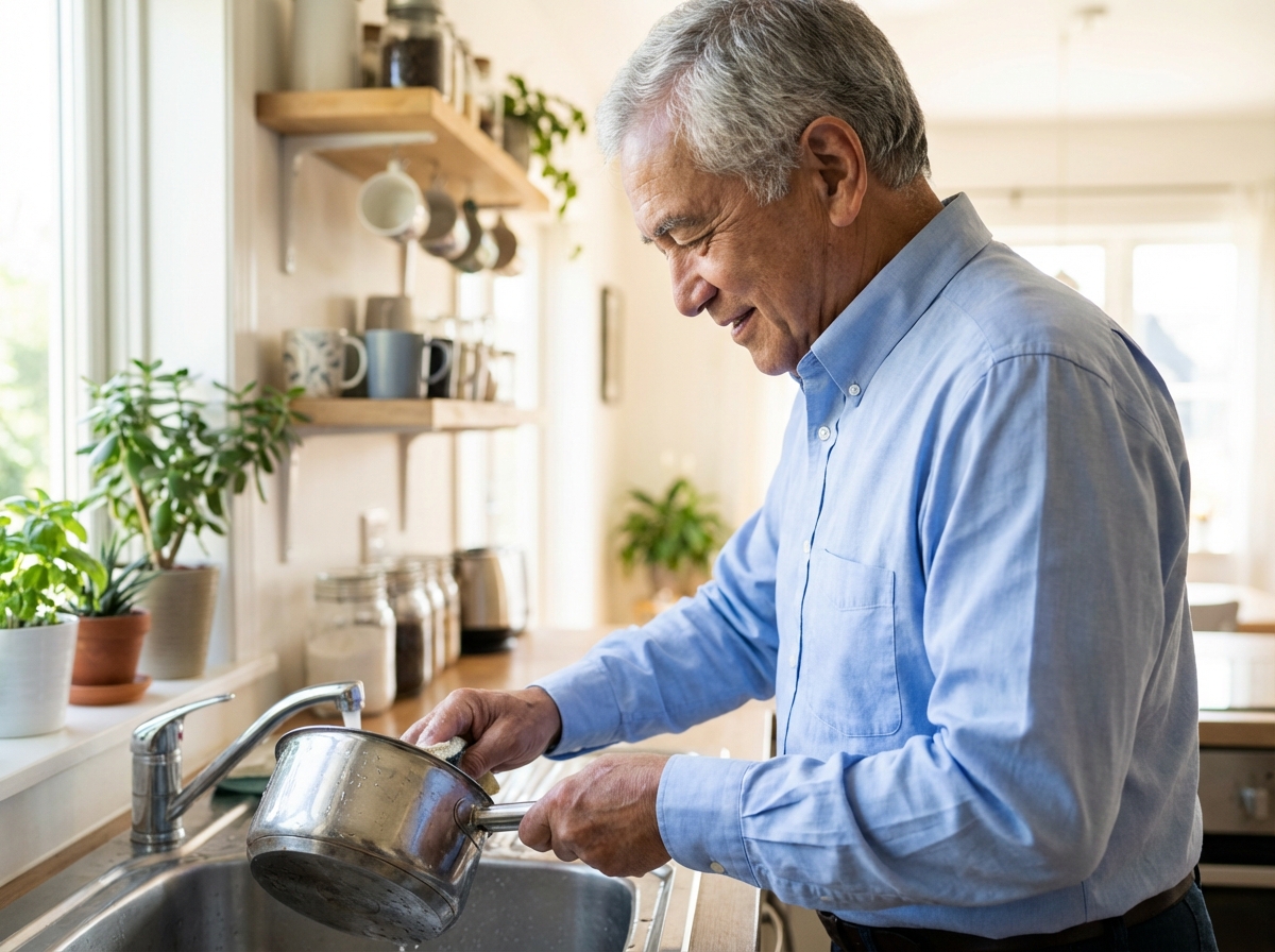 Homme âgé nettoyant une casserole en cuisine lumineuse