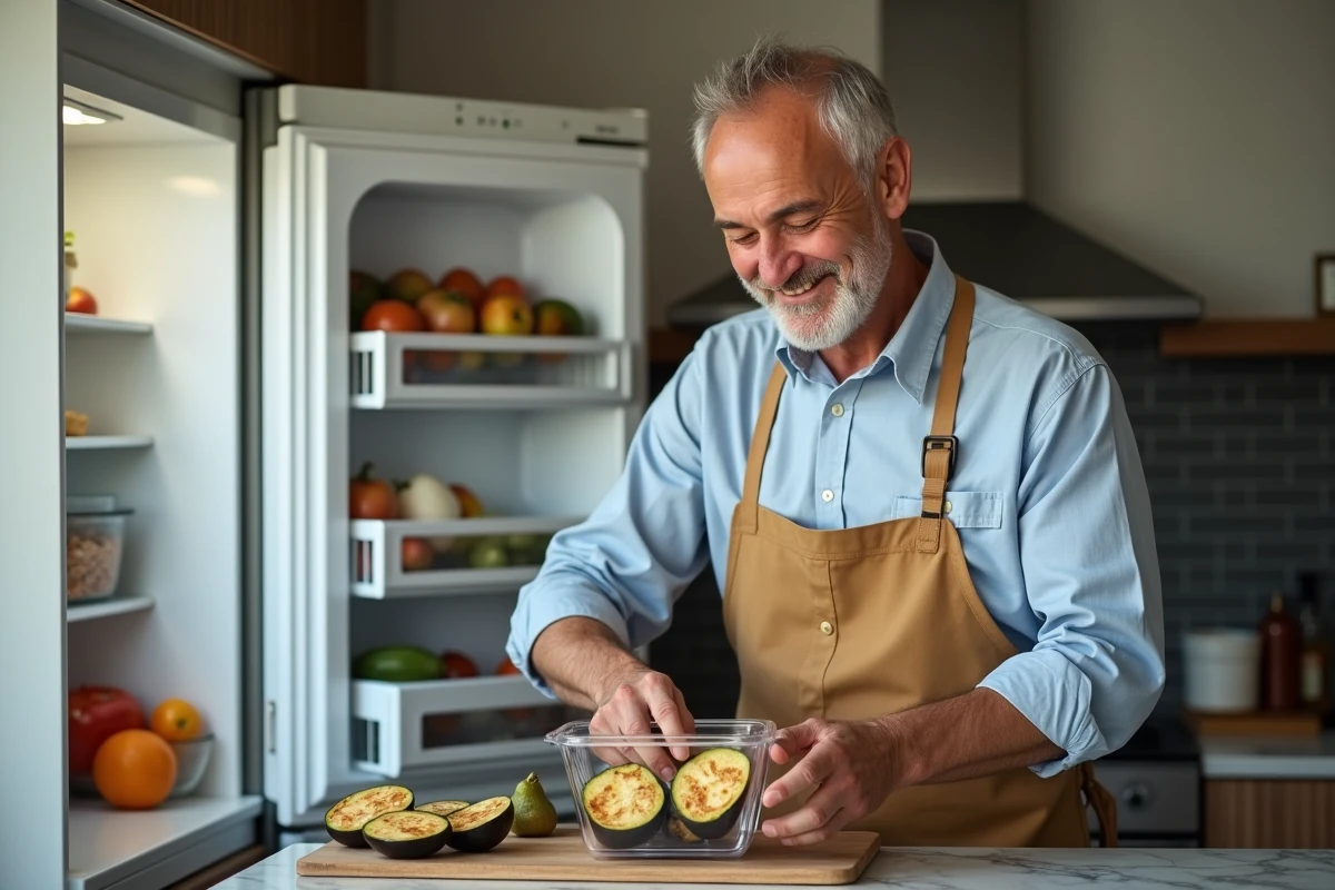 Homme rangeant des aubergines cuites dans le frigo