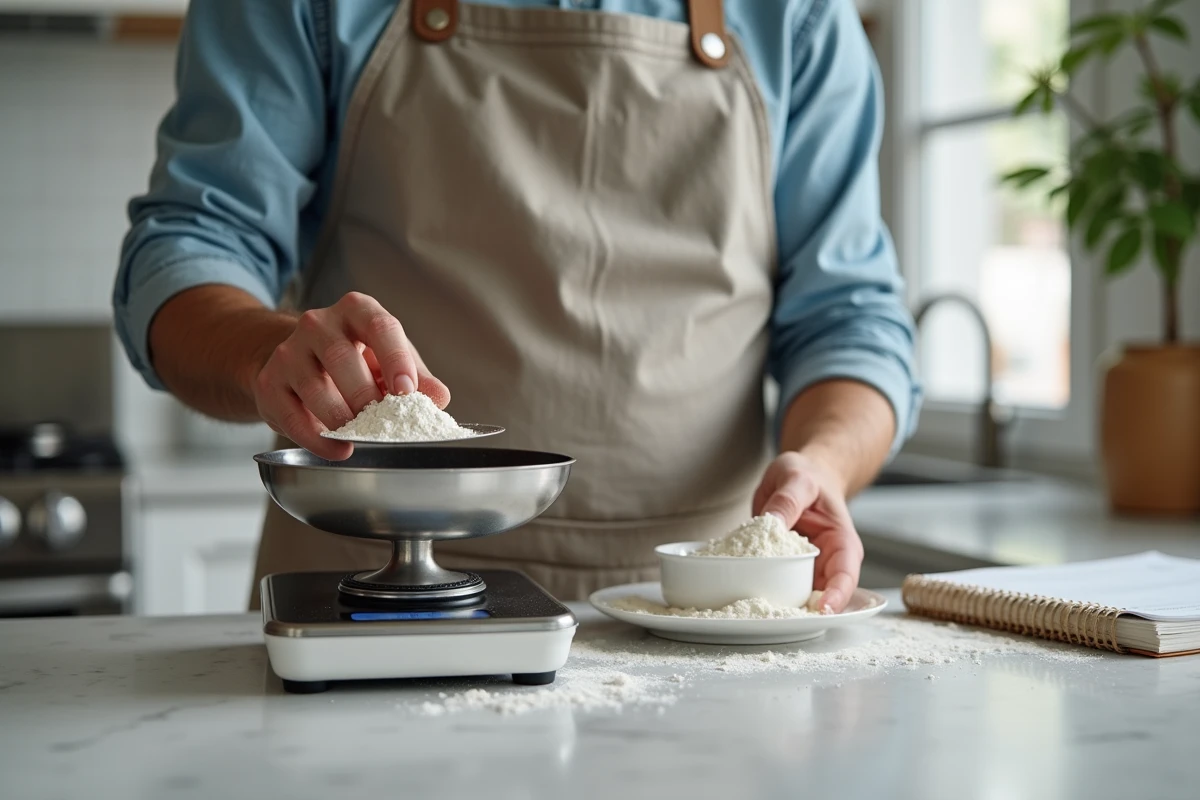 Homme pesant de la farine sans gluten dans une cuisine moderne