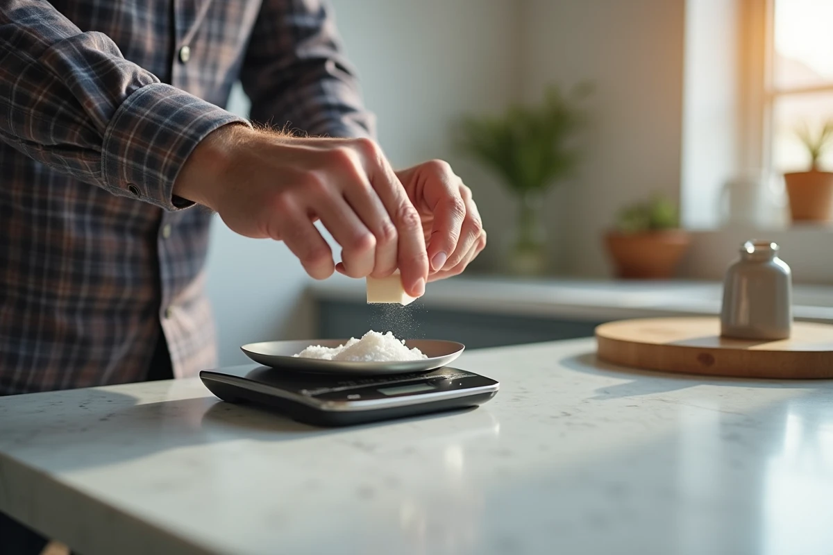 Homme âgé pesant un sucre sur une balance dans une cuisine moderne