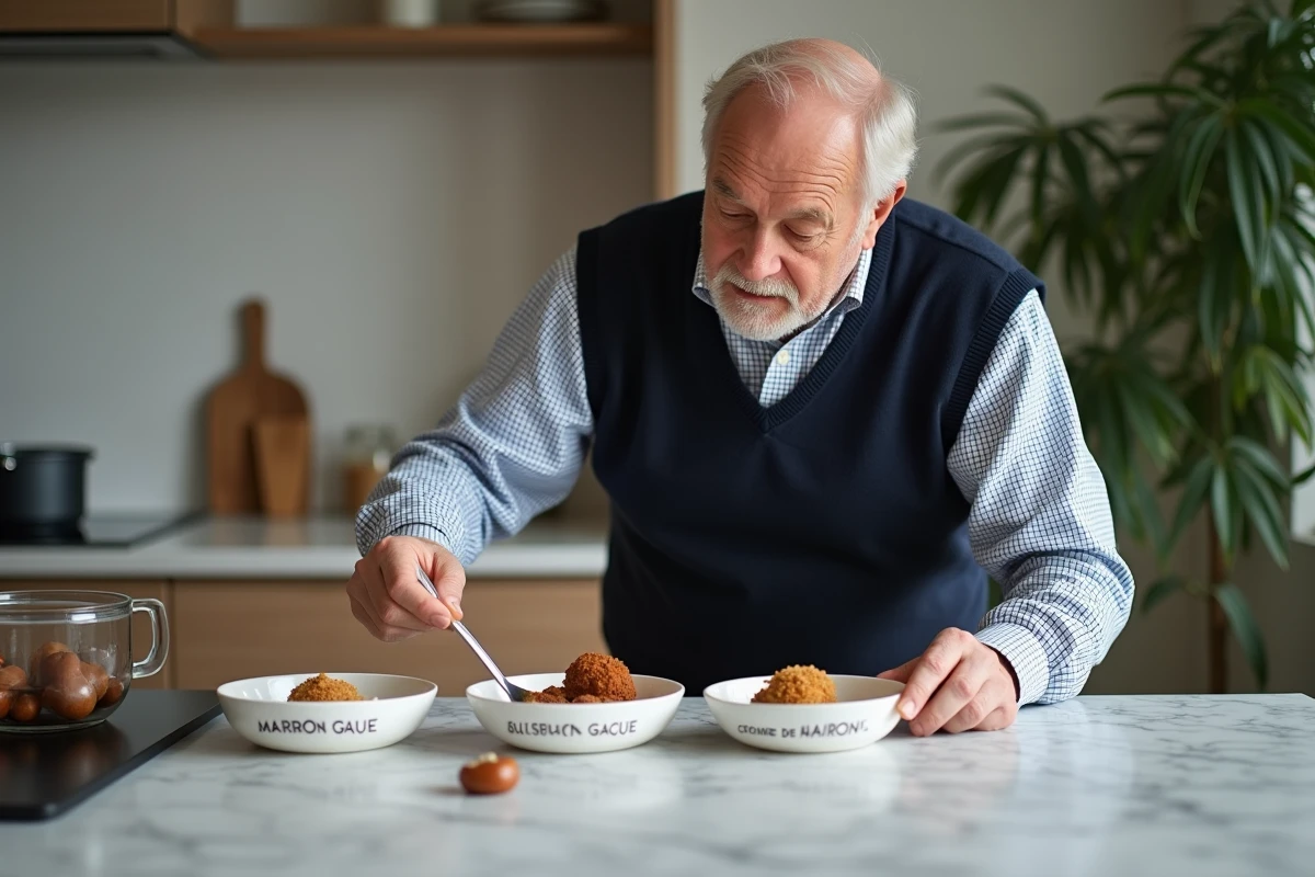 Homme âgé arrangeant des bols de chataignes en cuisine moderne