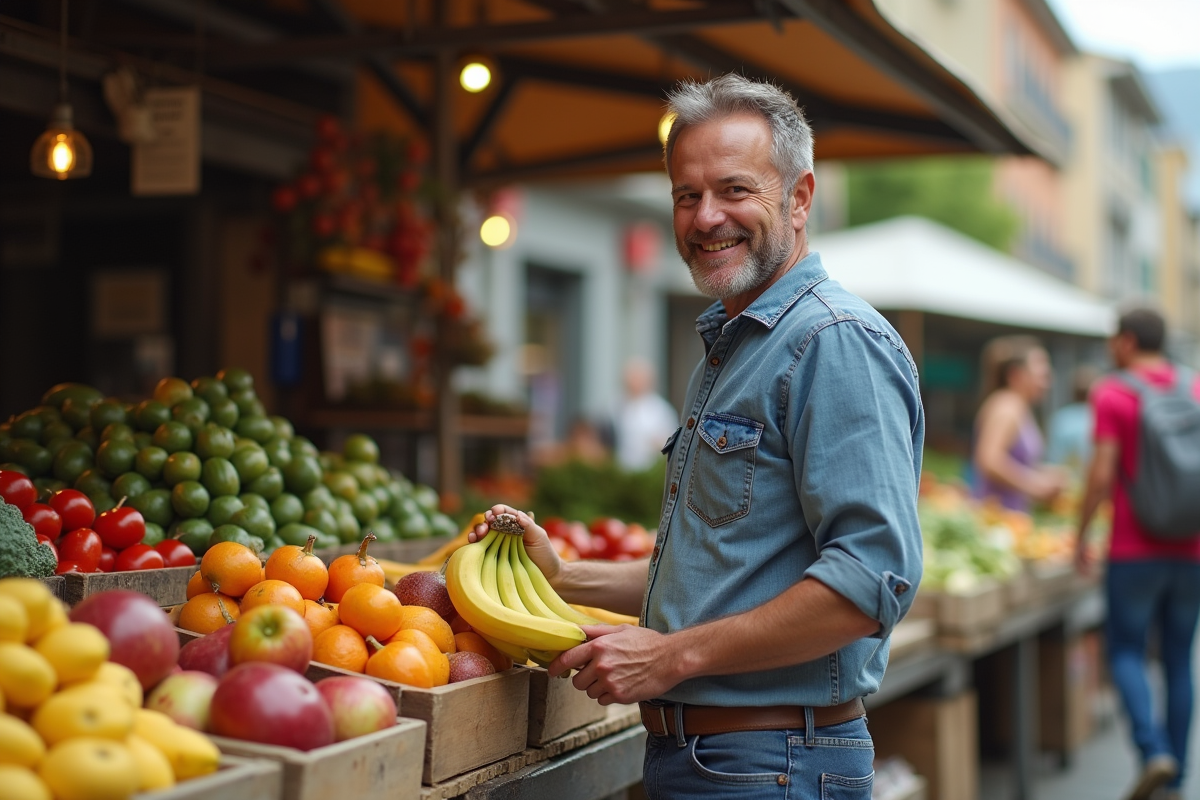 Homme choisissant des bananes au marché en plein air