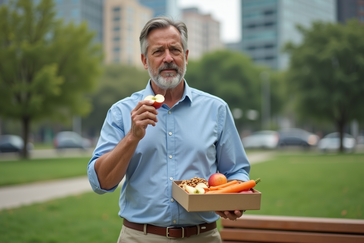 Homme avec boîte à lunch dans un parc urbain